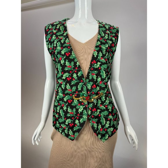 Vintage Holiday Holly Vest - blemish on shoulder OS Green Holly Cotton Blend - Picture 14 of 16